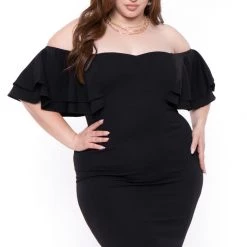 Gibiu Little Black Styles Plus Size Brie Off The Shoulder Ruffle Dress- Black