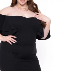 Gibiu Little Black Styles Plus Size Brie Off The Shoulder Ruffle Dress- Black