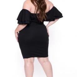 Gibiu Little Black Styles Plus Size Brie Off The Shoulder Ruffle Dress- Black