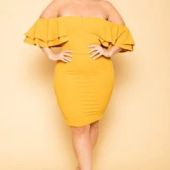 Gibiu Plus Size Brie Off The Shoulder Ruffle Dress - Mustard New Arrivals