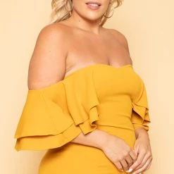 Gibiu Plus Size Brie Off The Shoulder Ruffle Dress - Mustard New Arrivals