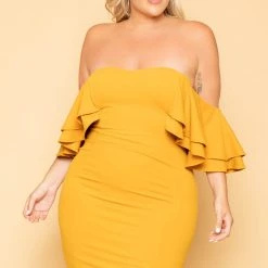 Gibiu Plus Size Brie Off The Shoulder Ruffle Dress - Mustard New Arrivals