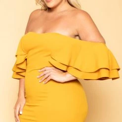 Gibiu Plus Size Brie Off The Shoulder Ruffle Dress - Mustard New Arrivals