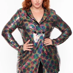 Gibiu Outerwear Plus Size Rainbow Sequins Blazer - Multi Color