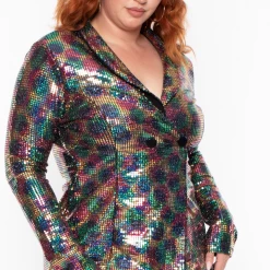 Gibiu Outerwear Plus Size Rainbow Sequins Blazer - Multi Color