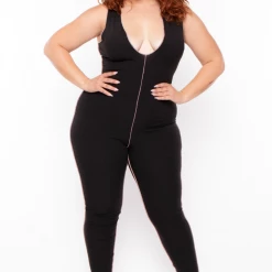 Gibiu Party Jumpsuilts Plus Size Exposed Seams Rib Catsuit - Black