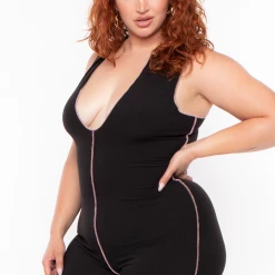 Gibiu Party Jumpsuilts Plus Size Exposed Seams Rib Catsuit - Black