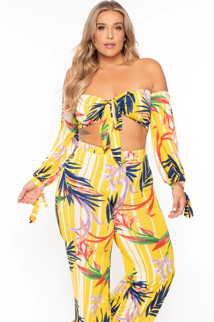 Gibiu Plus Size Palm Print Crop & Flare Pant Set - Yellow 5 Gibiu Plus Size Palm Print Crop & Flare Pant Set - Yellow