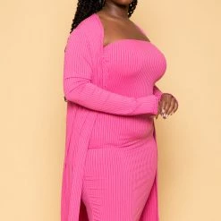 Gibiu Plus Size Lizah Tube Dress And Cardigan Set - Fuchsia