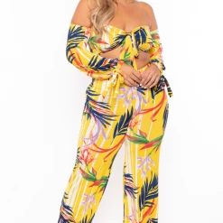 Gibiu Plus Size Palm Print Crop & Flare Pant Set - Yellow