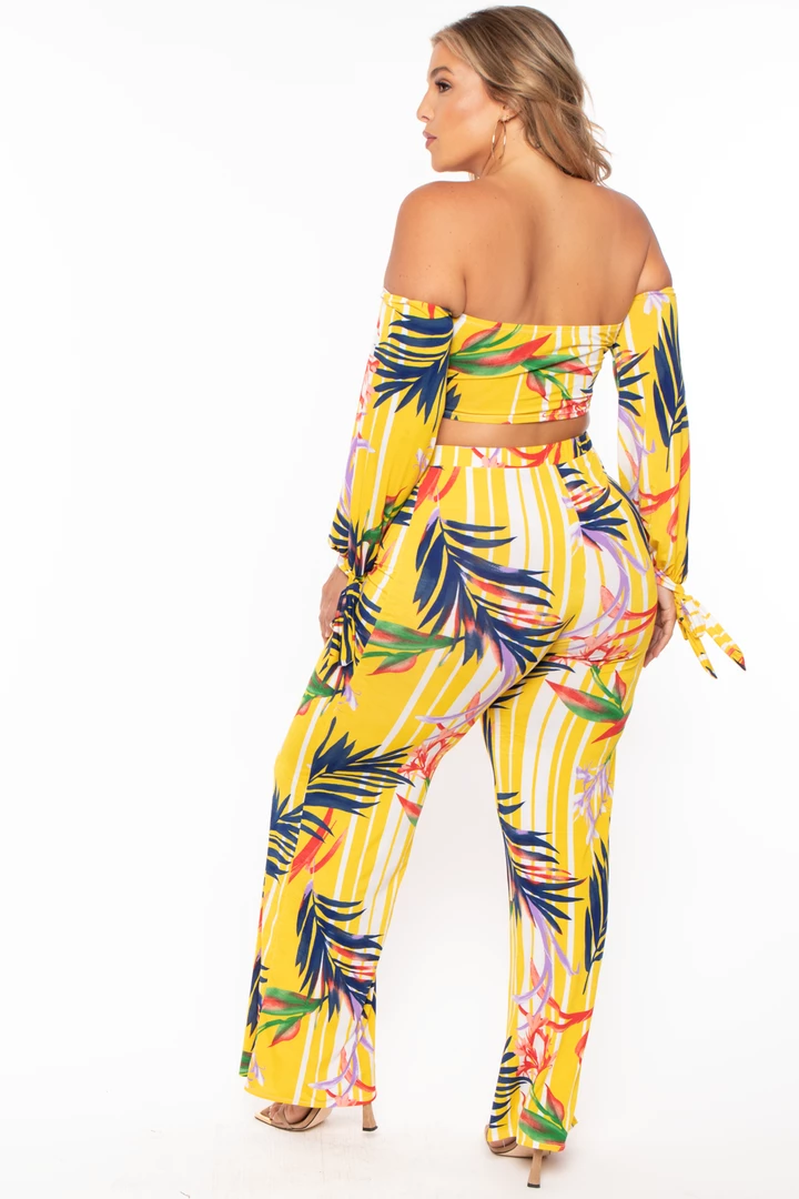 Gibiu Plus Size Palm Print Crop & Flare Pant Set - Yellow 7 Gibiu Plus Size Palm Print Crop & Flare Pant Set - Yellow