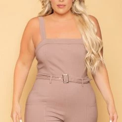 Haute Monde Plus Size Gwen Square Neck Jumpsuit - Mocha