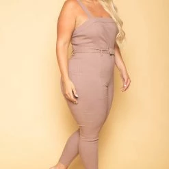Haute Monde Plus Size Gwen Square Neck Jumpsuit - Mocha