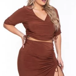 Haute Monde Plus Size Naila Matching Skirt Set- Brown