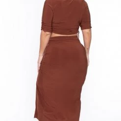 Haute Monde Plus Size Naila Matching Skirt Set- Brown