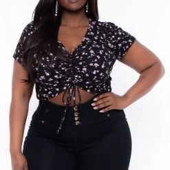 Haute Monde Plus Size Thalia Floral Top - Black Tops