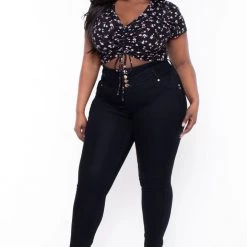 Haute Monde Plus Size Thalia Floral Top - Black Tops