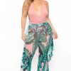 Highlight Sale Plus Size Palm Print Mesh Ruffle Pants - Pink
