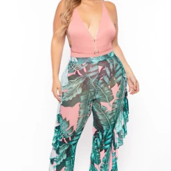 Highlight Sale Plus Size Palm Print Mesh Ruffle Pants - Pink