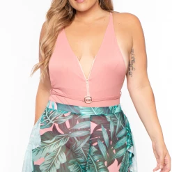 Highlight Sale Plus Size Palm Print Mesh Ruffle Pants - Pink