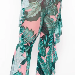 Highlight Sale Plus Size Palm Print Mesh Ruffle Pants - Pink