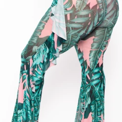 Highlight Sale Plus Size Palm Print Mesh Ruffle Pants - Pink