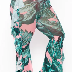 Highlight Sale Plus Size Palm Print Mesh Ruffle Pants - Pink