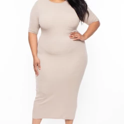 Highlight Plus Size Martha Rib Midi Dress - Beige Dresses