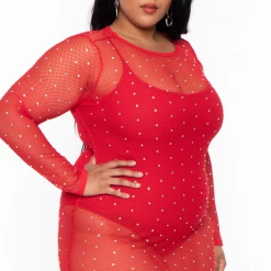 Highlight Plus Size Izzie Mesh Rhinestone Dress - Red Dresses