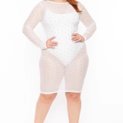 Highlight Plus Size Izzie Mesh Rhinestone Dress - White