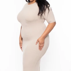 Highlight Plus Size Martha Rib Midi Dress - Beige Dresses