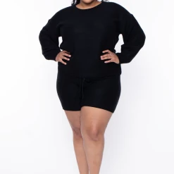Highlight Plus Size Knit Sweater And Shorts Set - Black Matching Sets