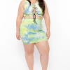 Highlight Matching Sets Plus Size Tie Dye Exposed Seam Lace Up Crop Top & Skirt Set - Green