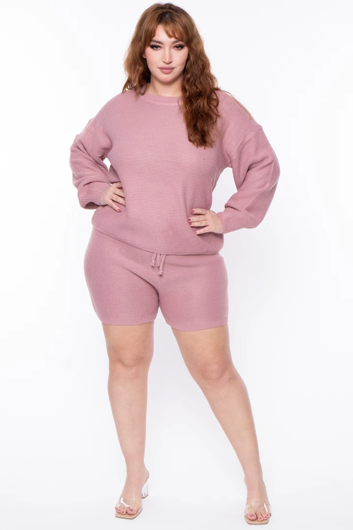 Highlight Plus Size Knit Sweater And Shorts Set - Mauve Matching Sets 3 Highlight Plus Size Knit Sweater And Shorts Set - Mauve Matching Sets
