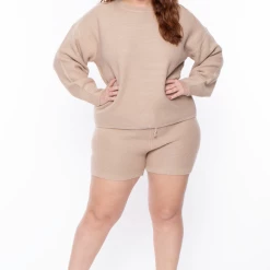 Highlight Matching Sets Plus Size Knit Sweater And Shorts Set - Taupe