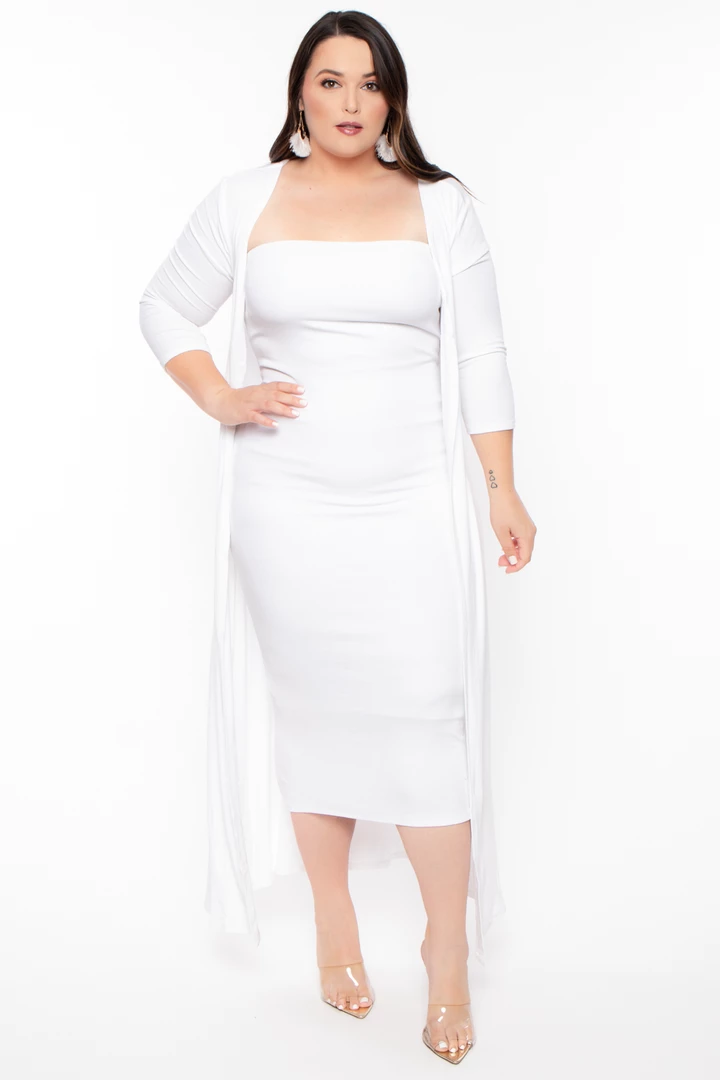 Highlight Matching Sets Plus Size Cardigan And Dress Set - White 3 Highlight Matching Sets Plus Size Cardigan And Dress Set - White