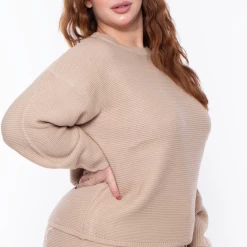 Highlight Matching Sets Plus Size Knit Sweater And Shorts Set - Taupe