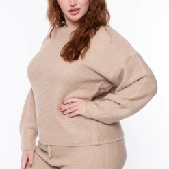 Highlight Matching Sets Plus Size Knit Sweater And Shorts Set - Taupe
