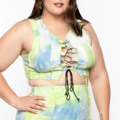 Highlight Matching Sets Plus Size Tie Dye Exposed Seam Lace Up Crop Top & Skirt Set - Green