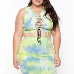 Highlight Matching Sets Plus Size Tie Dye Exposed Seam Lace Up Crop Top & Skirt Set - Green 12 Highlight Matching Sets Plus Size Tie Dye Exposed Seam Lace Up Crop Top & Skirt Set - Green