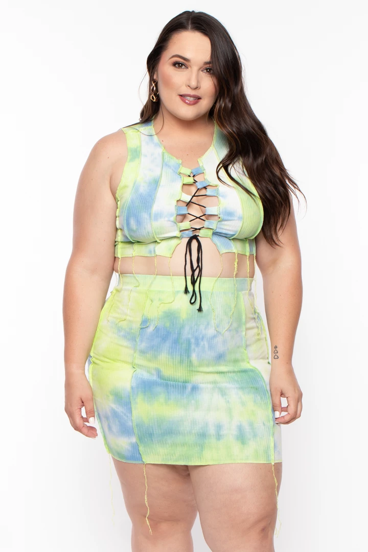 Highlight Matching Sets Plus Size Tie Dye Exposed Seam Lace Up Crop Top & Skirt Set - Green 7 Highlight Matching Sets Plus Size Tie Dye Exposed Seam Lace Up Crop Top & Skirt Set - Green