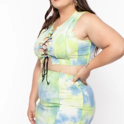 Highlight Matching Sets Plus Size Tie Dye Exposed Seam Lace Up Crop Top & Skirt Set - Green 11 Highlight Matching Sets Plus Size Tie Dye Exposed Seam Lace Up Crop Top & Skirt Set - Green