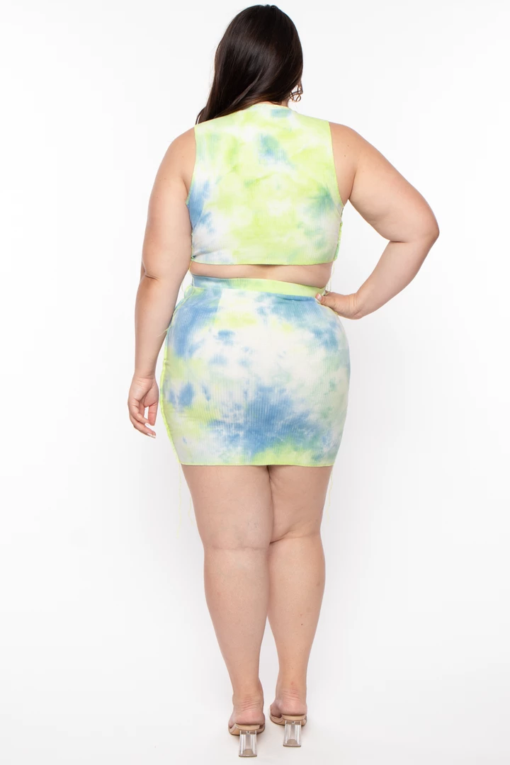 Highlight Matching Sets Plus Size Tie Dye Exposed Seam Lace Up Crop Top & Skirt Set - Green 8 Highlight Matching Sets Plus Size Tie Dye Exposed Seam Lace Up Crop Top & Skirt Set - Green