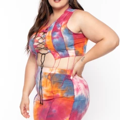 Highlight Matching Sets Plus Size Tie Dye Exposed Seam Lace Up Crop Top & Skirt Set - Orange