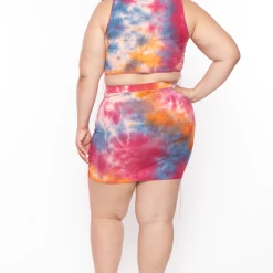 Highlight Matching Sets Plus Size Tie Dye Exposed Seam Lace Up Crop Top & Skirt Set - Orange