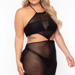 Highlight Plus Size Halter Mesh Cover-Up Dress - Black