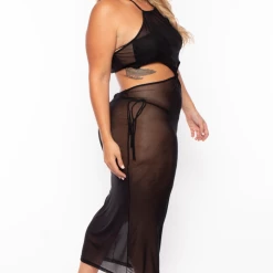 Highlight Plus Size Halter Mesh Cover-Up Dress - Black