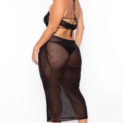 Highlight Plus Size Halter Mesh Cover-Up Dress - Black