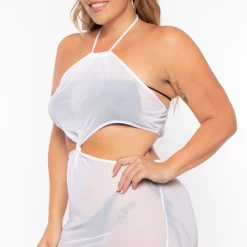 Highlight Plus Size Halter Mesh Cover-Up Dress - White Swimwear