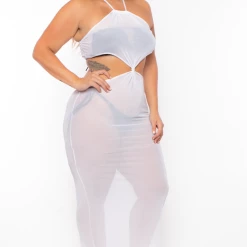 Highlight Plus Size Halter Mesh Cover-Up Dress - White Swimwear